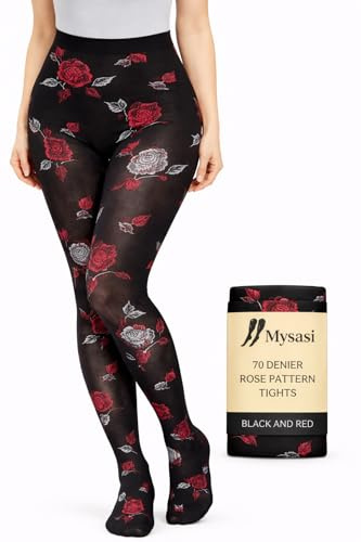 MYSASI damers rosa mönster tights 70 Denier, Svart och röd, 12-14