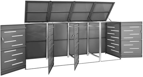 Mülltonnenbox, abschließbar mit praktischem Deckel und Federn, aus verzinktem Stahl und Edelstahlrahmen, für 4 Mülltonnen, Maße 276,5 x 77,5 x 112,5 cm, für Garten und Außenbereich