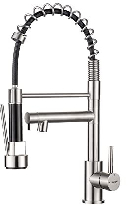 Ibergrif Mitigeur Robinet Cuisine avec Douchette 2 Jets 360° Pivotant, Double Bec Professionnel, 2 Modes Pulvérisation, Arc Élevé Acier Inox Économe en Eau, Design Moderne, M22144A