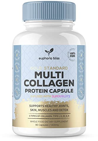 High Strength Multi Collagen 1400MG Tablets with Turmeric & Kelp, Skin, Hair, Nails & Joints, with Hyaluronic Acid, Blueberry, Biotin, Vitamin C, E, B2, B7 Minerals, Hydrolysed Type 1 90 Capsule