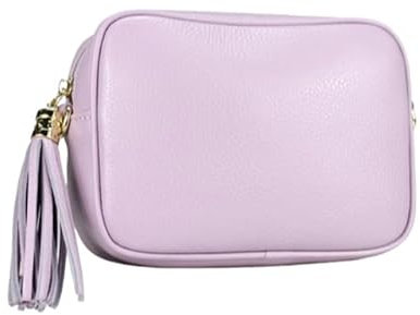 Miss B - Borsa Donna a Tracolla in Pelle Made in Italy, Borsetta piccola con frange e chiusura a cerniera, pochette con tracolla da donna & ragazza, tanti colori disponibili (lilla)