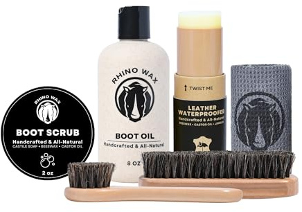 Rhino Wax - Boot Care Kit - Leather Boot Oil + Waterproofing Wax + Saddle Soap + Horsehair Brushes + Microfiber Towel, 6 Pack