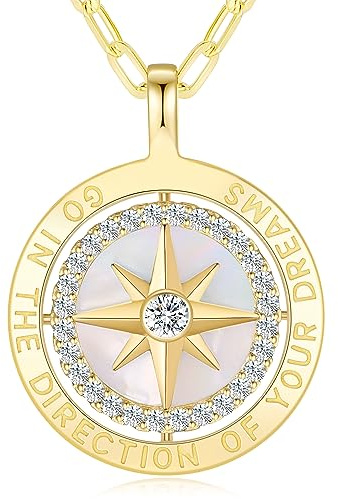 LOUISA SECRET Gold Halskette Damen Silber 925 Kompass Kette Anhänger | Weißer Zirkon Kette Schmuck Damen Geschenk für Sie Frau Freundin an Geburtstags Weihnachten Valentinstag