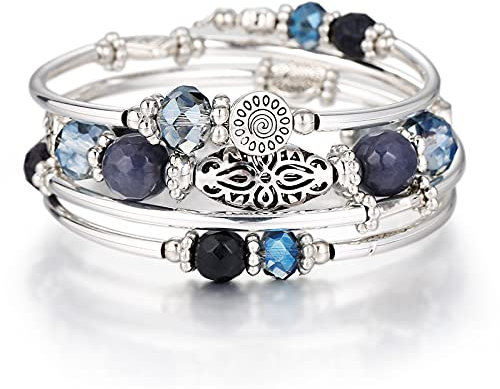 FULU AUTUMN Damen Boho Armband mit Mehrschichtiges Perlen Silber Wickelarmband Modeschmuck Geschenke zum Geburtstag und Muttertag für Frauen(Blue)