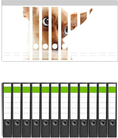 Wallario 12 Stück schmale Ordner inkl. Klebeetiketten mit Motiv Lustiger Hund mit fliegenden Ohren - Set mit Rückenschildern/Ordnerrücken Stickern