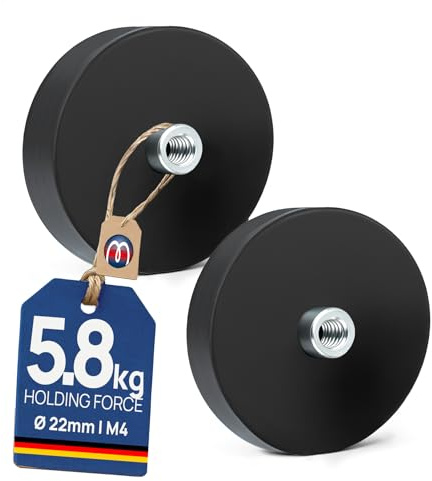 2 x Neodym Magnet-System gummiert Ø 22 mm Gewinde-Buchse (Innen-Gewinde) M4 - Haftkraft 5,8 kg - 2 Stück - Starke Magnete mit Gummi für Schrauben Haken Ösen, Größe: Ø22mm | M4 | 5.8kg Haftkraft
