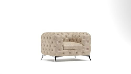 S-Style Möbel Erio Chesterfield-Sessel Für Wohnzimmer Loungesessel Clubsessel Polstersessel Einzelsessel Mit Silbernen Metallfüßen Sofa Sessel & Stühle Lounge Beige 125x100x75 cm