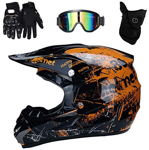 Youth Kids MTB Motocross Helmet Set, with Goggles Gloves Mask, Unisex Full Face Off Road ATV Motorbike Helmet, DOT Certified Downhill Enduro DH Quad Dirt Bike Crash Helmet