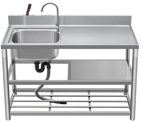 LHIUGE Edelstahlspülen, freistehende Spülbecken, Einzelbeckenspülen, geeignet für Küche, Esszimmer, Garten, Außenspülen mit Arbeitsplatte und Warm- und Kaltwasserhähnen 120 * 50 * 80 Right Sink