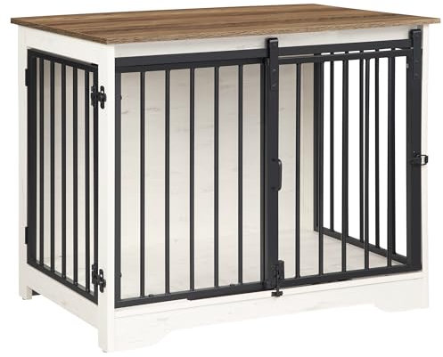 Hzuaneri Hundekäfig Möbel, 81 cm hundebox für zuhause, Schiebetüren, 2 Türen, Moderne hundebox Holz Indoor für Mittlere Hunde, Hundekäfig für Zuhause, 81 x 55 x 67,5 cm, Vintageweiß Braun DFC83614B