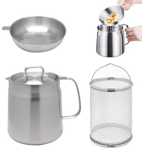 INUIYBU Olla Freidora con Cestillo y Asas, Sartén de Cocina con Colador para Fritas, Pescado y Carne Crujiente - Acero Inoxidable - Herramientas de Cocina