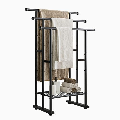 JELUTE Freestanding Towel Rack, Towel Rail Metal Ladder Towel Holder Drying Stand with 3 Towel Rails and Storage Shelf, Black