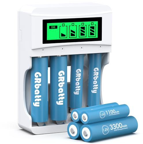 GRbatty Batterie Ricaricabili AA AAA ad Alta Capacità con LCD Caricabatterie,8 Pezzi 1.2V 1200 Volte Pile Ricaricabili,4 Batterie AA da 3300mAh e 4 Pile AAA da 1100mAh