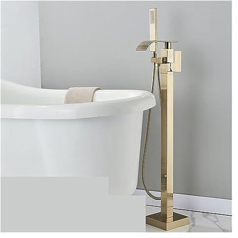 Grifo de ducha de bañera cuadrado negro mate Grifo de suelo Grifo de ducha caliente y fría Grifo de cascada de baño(Gold B)