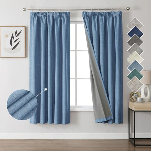 Joydeco 100% Verdunkelungsvorhänge Leinen Gardinen mit Kräuselband 2er Set H137xB117cm Wathet, Thermovorhang Kälteschutz Blickdicht Schallschutz Ideal für Wohnzimmer passt zu Schienensystemen