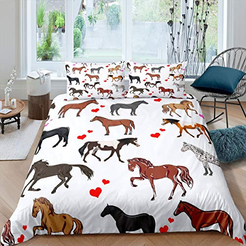 Homemissing Linge de lit Mignon Cheval pour Enfants Filles poneys Coeur Parure de lit Animaux de la Ferme Housse de Couette 240x260cm Faune Cheval floue literie de Maison avec 2 taie d'oreiller