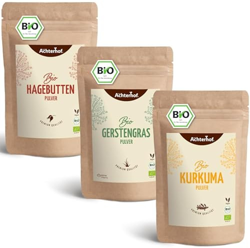 Goldene Milch Mischung 3er Bio Set | 3x500g | das Vorrats-Paket für die perfekte Goldene Milch | mit Kurkuma-, Gerstengras- und Hagebutten Pulver | vom Achterhof