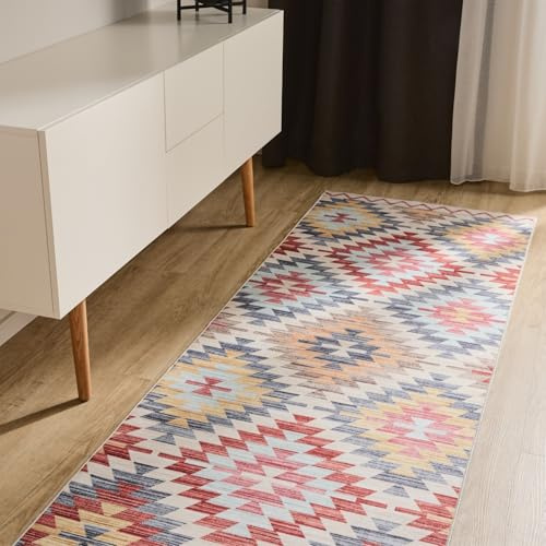 benuta Basic Waschbarer Teppich George - Multicolor/Beige 80x240 cm - Kunstfaser - Läufer & im Style: Kelim, Ethno-Style, Shabby Chic - Pflegeleicht für Wohnzimmer Schlafzimmer Flur