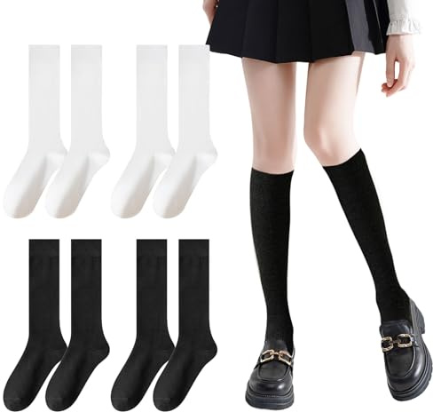 UILYNIU 4 Paia Calzettoni Donna in Cotone, Calzini Al Ginocchio Unisex, Invernali Lunghi Transpiranti, Tinta Unita Alta, Retro Casual Socks, Calze Sportive (Nero, Bianco)