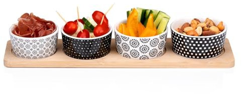 Murago - Tapas Snackplatte 5tlg Set - Bambus Keramik Snack Schalen Teller Platte Brett Serviertablett Schälchen Knabberschale Servierrschale Dips Vorspeisen Oliven Süßigkeiten Nüsse Holz