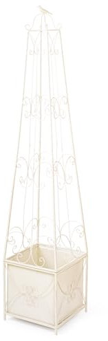Sungmor 59 Inch Tall Distressed White Garden Obelisk Trellis with Planter Box - Metal Climbing Support for Roses/Clematis/Vines/Ivy, Decorative Outdoor/Indoor Potted Plant Stand Growing Box
