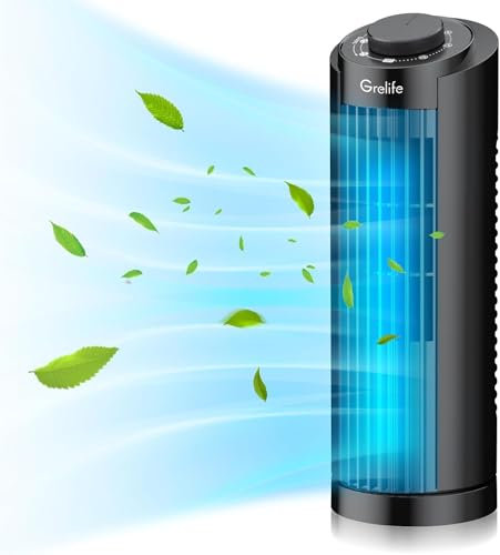 Grelife Turmventilator Leiser, 7,9m/s Geschwindigkeit, 80° Oszillierende Ventilatoren, Schnelle Kühlung Tischventilator für Büro, Zuhause, Schlafzimmer, Schwarz