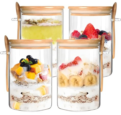 Overnight Oats Jar Containers 16Oz Overnight Oats Jars 4 Pcs Ice Coffee Cup | Glass Food Storage Container Sugar Containers with Wooden Lids and Spoon for Oatmeal Chia Pudding Yogurt Salad Cereal