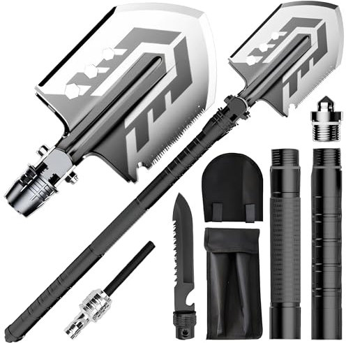 Retoo Pelle pliante multifonctionnelle équipement de survie pour camping, jardin, randonnée, alpinisme, pelle à neige, bord de scie, 66 cm, en acier inoxydable et aluminium