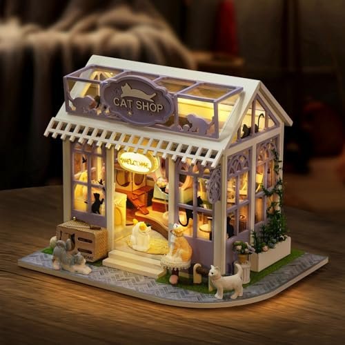 CUTEROOM Kit de construction de maison de poupée en bois – Mini maison pour chats CAT Shop, modèle réduit avec ensemble de meubles pour décorations et cadeaux