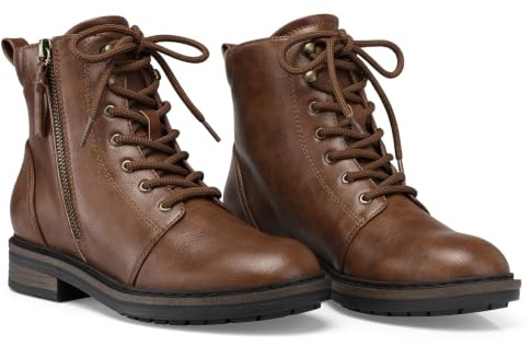 SHIBEVER Ankle Boots for Women Comfortable Lace-up Fall Fashion Combat Boots 2026 Low Heel Lug Sole Zipper Short Booties Cognac 7.5