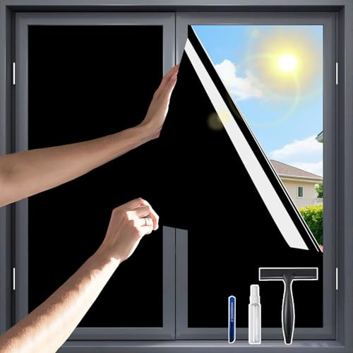 One Way Privacy Window Film，Flueen Shatterproof PET Window Tint for Heat Control & 100% UV Protection Blackout Window Treatment for Home, Office Doors with Eco-Adhesive Total Black 17.5 x6.5FT