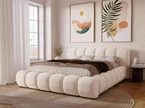 GRAINGOLD Doria Bett 160x200, Polsterbett mit Bettkasten, Polsterbett mit Stauraum, Velour, mit Lattenrost, mit Kopfteil, ohne Matratze (Creme, 160x200)