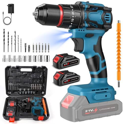 Taladro Percutor a Bateria, 70 Nm Destornillador Electrico con 2 x 1.5Ah Baterías, 25+3 Ajuste de Par, 2 Velocidades, Luz LED, 10mm Portabrocas Metálica, para Reparaciones en El Hogar (Azul)