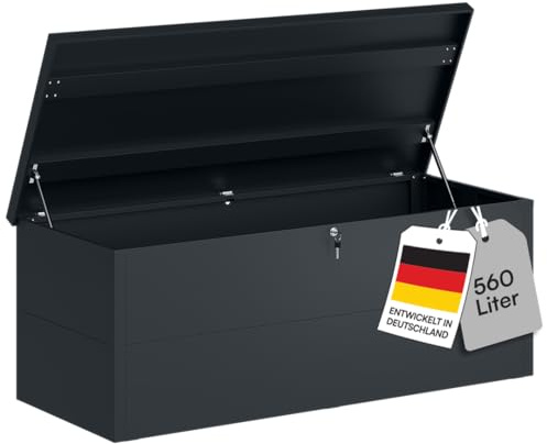 STEELSØN Icarus Gartenbox Metall 560 L – Auflagenbox mit Deckel abschließbar – Gartentruhe wasserdicht – Aufbewahrungsbox in Anthrazit – outdoor Kissenbox 165x70x63 cm – große Truhe für Gartenpolster