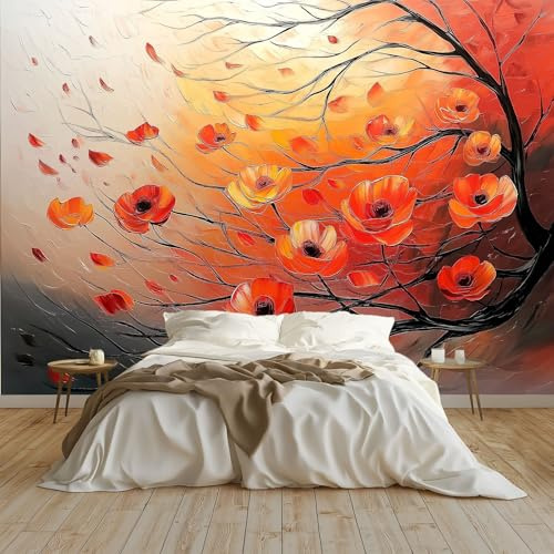 Fototapete Ölgemälde Von Blumen Tapete Wandtapete Wanddeko Design 250x175 cm Mustertapete Wand Dekoration Wohnzimmer Schlafzimmer Büro Flur, Rot
