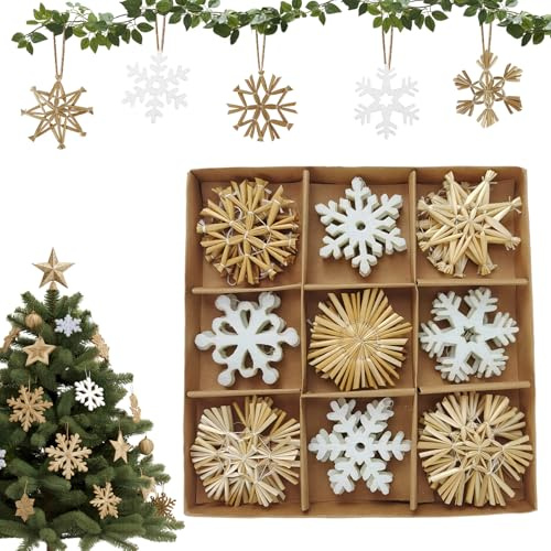 27 Stück Schneeflocken Baumschmuck Set enthält 15 Strohsterne aus Stroh und 12 Schneeflocken-Dekorationen aus Vliesstoff, Weihnachtsdekoration Christbaum Schmuck Christbaum Behang 6cm
