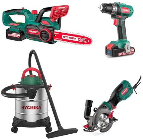 HYCHIKA Power Tool Combo Kit Includes 26Pcs Cordless Drill, 10 Cordless Chainsaw, 700W Mini Circular Saw, 3 in 1 Wet and Dry Vacuum Cleaner(1200 W, 20 L), with 2 x 18V Battery(2.0Ah, 4.0Ah)