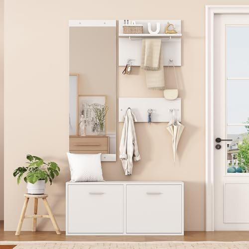 HAUSPROFI Set di 4 appendiabiti con scarpiera, specchi, pannelli appendiabiti, appendiabiti da parete con ripiano, set da corridoio (bianco, 90 x 41,5 x 30 cm)