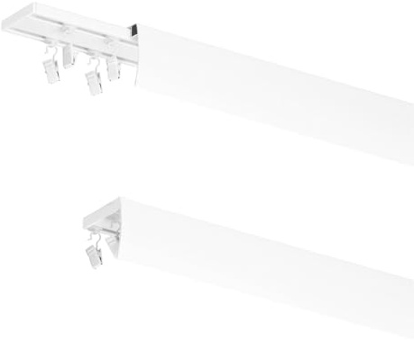 MDEKOR Vorhangschiene 350 cm aus Aluminium für Deckenmontage - ZWEISEITIGE Schiene mit stabilen METALL-Halterungen, inkl. Metall-Klammern/Clips & weißer Blende (selbstklebend, LED-tauglich)