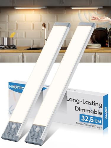 HIBOITEC 2500mAh Lampe de Placard, 350Lumens ＆ Dimmable Lumiere Detecteur de Mouvement Interieur, Reglette Led Rechargeable USB-C, Lampe Sans Fil pour Armoire Escalier 33,5 cm, Lumière Chaude