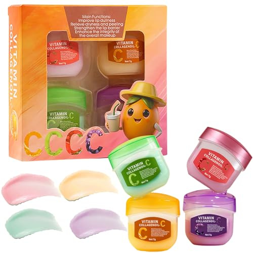 Vitamin C Lip Balm Set 4 Stück, Lippenbalsam mit Vitamin C & Kollagenöl, Feuchtigkeitsspendende Lippenpflege für Sehr Trockene Lippen, Nicht Fettend, Lippenpflege Geschenkset für Frauen & Teenager