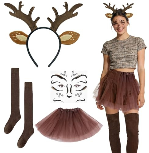 BOGCLEE Costume Renna Carnevale Donna, Cerchietto con Corna e Orecchie, Gonna Tutu, Calzini, Tatuaggio Facciale da Cervo, Accessori Per Feste a Tema Natale e carnevale