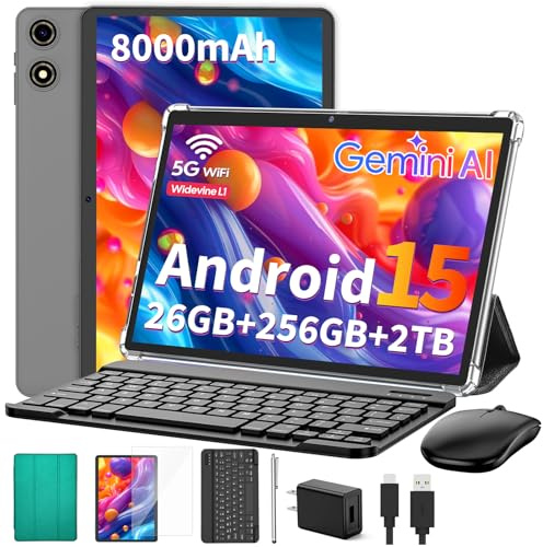 Suicoey 2026 Tablet with Keyboard, 26GB + 256GB (2TB Expand), 10 inch Android 15 Tablets with Octa Core, Gemini AI, 5G WiFi, 8000mAh, BT 5.0, 2 in 1 AI Tablet with Case, Mouse, Stylus (Green Case)
