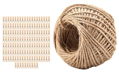 Qcwwy 250 Pinzas de Ropa de Madera Natural, Resistentes Al Desgaste, con Revestimiento de Cera Ecológica para Colgar Ropa y Proyectos de Manualidades, con 1 Rollo de Cordel de Yute de