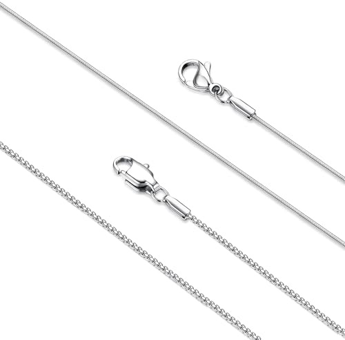 LOLIAS 2Pcs Stainless Steel Chain Necklace for Women - 1mm Thin & Strong Silver Chain Necklace - Hypoallergenic Snake Box Necklace, 16 Inch