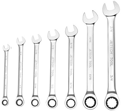Jetech 7-teiliges Ratschen-Ringmaulschlüssel-Set, industrielle Qualität, 12-Punkt-Design, 72-Zahn-Ratsche, hergestellt aus geschmiedetem und hitzebehandeltem Cr-V-Stahl in verchromter Ausführung, SAE-Größe 5/16-3/4 Zoll