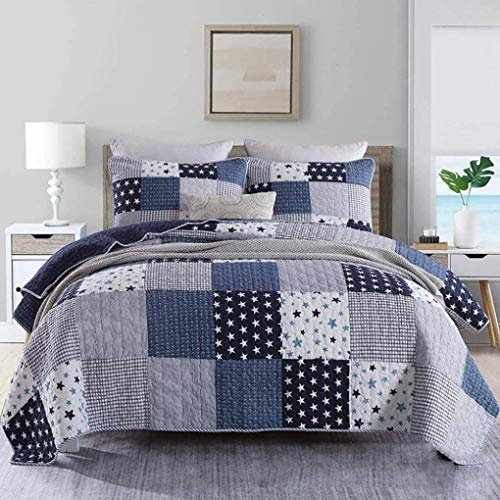 KUANDARM 230 × 250 cm 3-Teiliges Set Blaue Patchwork-Tagesdecke Reversible Throw Gesteppte Steppdecke Mit 2 KissenbezüGen Aus BaumwollbettwäSche, 230X250cm