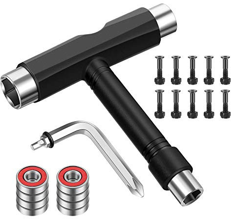 YEYIT 20 Stück multifunktionales Skateboard Werkzeug,8 Stück 608 RS Skateboard Kugellager,T Tool Skate Werkzeug mit Kreuzschlitz Schraubendreher vom Typ L,10 Stück Skateboard Befestigung Schrauben