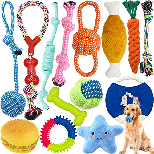 Amzeeniu Hundespielzeug,14 Pcs Seil Ball Hunde robuste Zähne Kauen langlebig Spielzeug Zahntraining Set Für Kleine große mittelgroßen Hund Interaktives Spielset Unzerstoerbar BaumwollknotenTau Tier