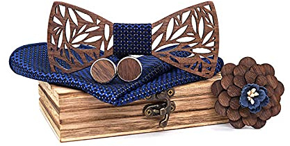 Mr.Van Holzfliege Set Fliege Herren Holzfliege, Holzmanschettenknöpfe, Holzbrosche, Einstecktuch für Hochzeiten, Aufführungen, Abschlussball, Partei und sogar tägliche Gebrauch